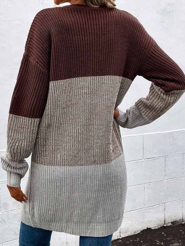 Petra - autumn and winter long-sleeved color-blocking long sweater cardigan