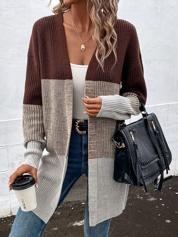 Petra - autumn and winter long-sleeved color-blocking long sweater cardigan