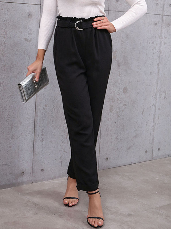 Maya - commuter style lace-up nine-point pants professional elastic pants