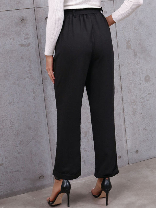 Maya - commuter style lace-up nine-point pants professional elastic pants
