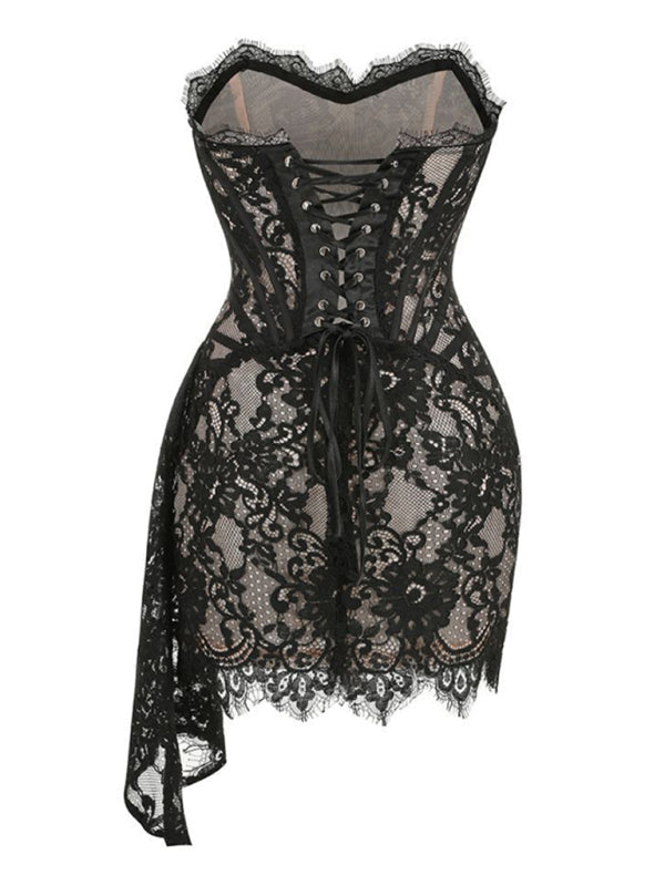 Women's Strapless Mini Dress - Lace Corset Bodice - Elegant Semi-Sheer Design