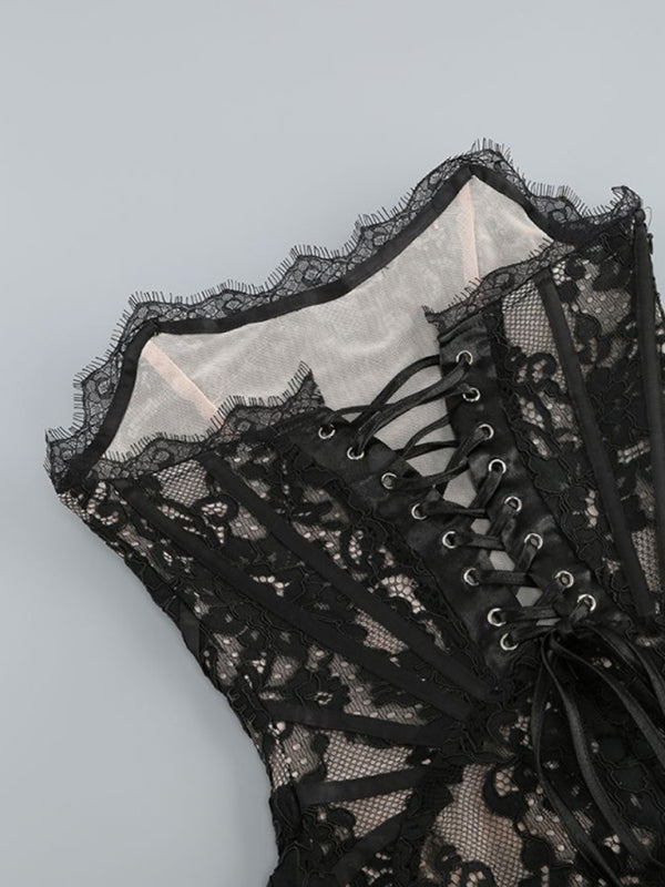 Women's Strapless Mini Dress - Lace Corset Bodice - Elegant Semi-Sheer Design