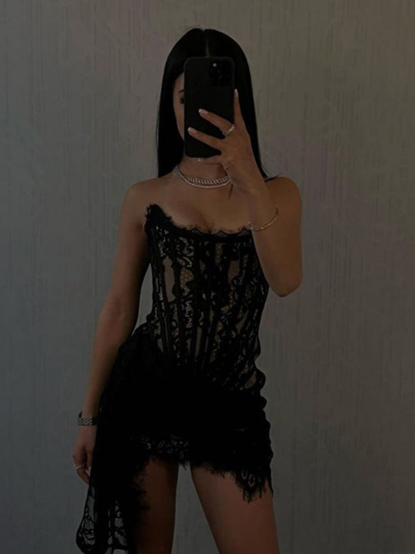 Women's Strapless Mini Dress - Lace Corset Bodice - Elegant Semi-Sheer Design