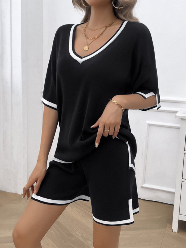 Women's Lounge Set - V-Neck Short Sleeve Top & Drawstring Shorts - Relaxed Fit