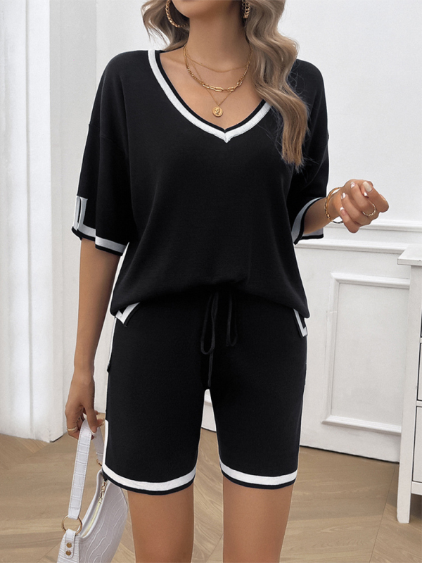 Women's Lounge Set - V-Neck Short Sleeve Top & Drawstring Shorts - Relaxed Fit