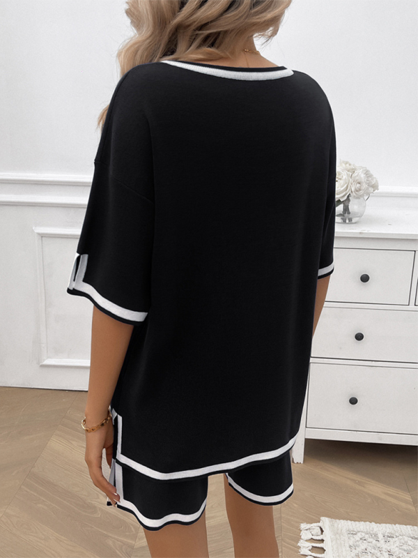 Women's Lounge Set - V-Neck Short Sleeve Top & Drawstring Shorts - Relaxed Fit