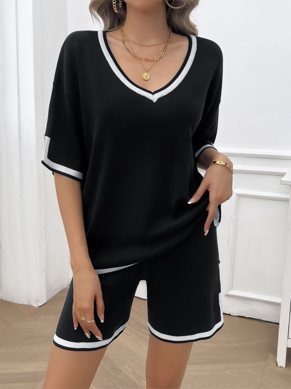 Women's Lounge Set - V-Neck Short Sleeve Top & Drawstring Shorts - Relaxed Fit