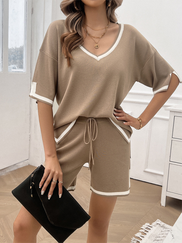 Women's Lounge Set - V-Neck Short Sleeve Top & Drawstring Shorts - Relaxed Fit