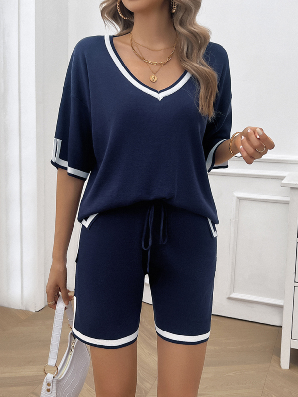 Women's Lounge Set - V-Neck Short Sleeve Top & Drawstring Shorts - Relaxed Fit