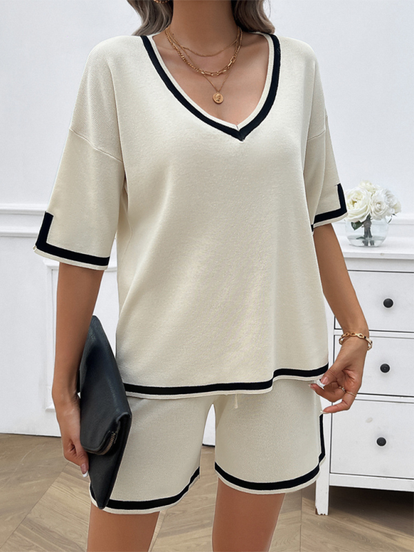Women's Lounge Set - V-Neck Short Sleeve Top & Drawstring Shorts - Relaxed Fit
