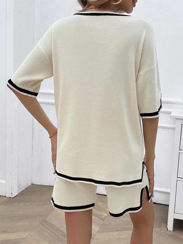 Women's Lounge Set - V-Neck Short Sleeve Top & Drawstring Shorts - Relaxed Fit