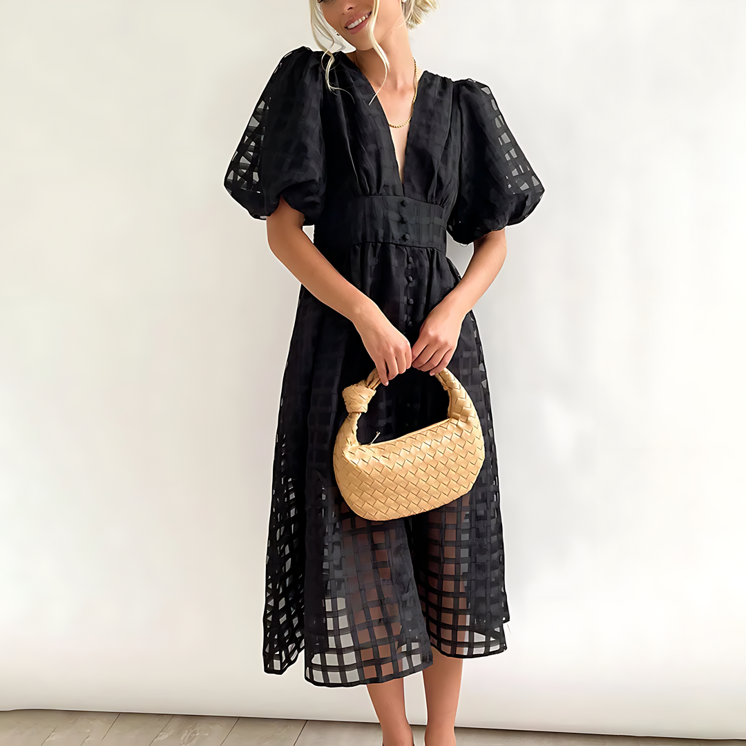 Women's Midi Dress - Sheer Grid Pattern - Puff Sleeve - Deep V-Neck - Fitted Waist