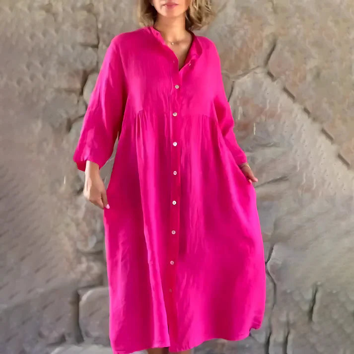 Women's Button-Down Shirt Dress - Loose Fit - Collared V-Neck - Long Sleeve Midi Length