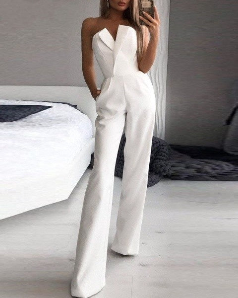Women’s Jumpsuit – Strapless Off-Shoulder – Wide-Leg Formal Fit – Luxury Fabric – Pockets
