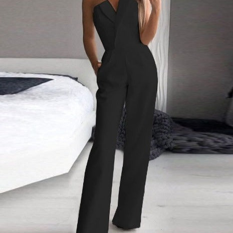 Women’s Jumpsuit – Strapless Off-Shoulder – Wide-Leg Formal Fit – Luxury Fabric – Pockets
