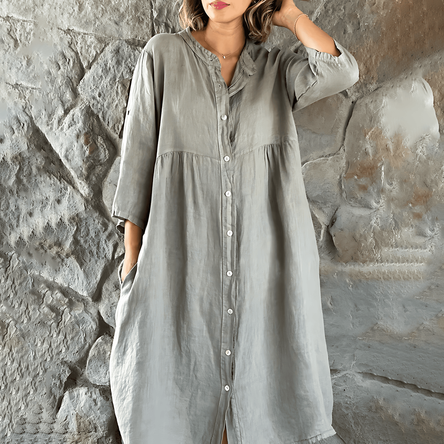 Women's Shirt Dress - Midi Length - Long Sleeve Button-Up - Relaxed Fit