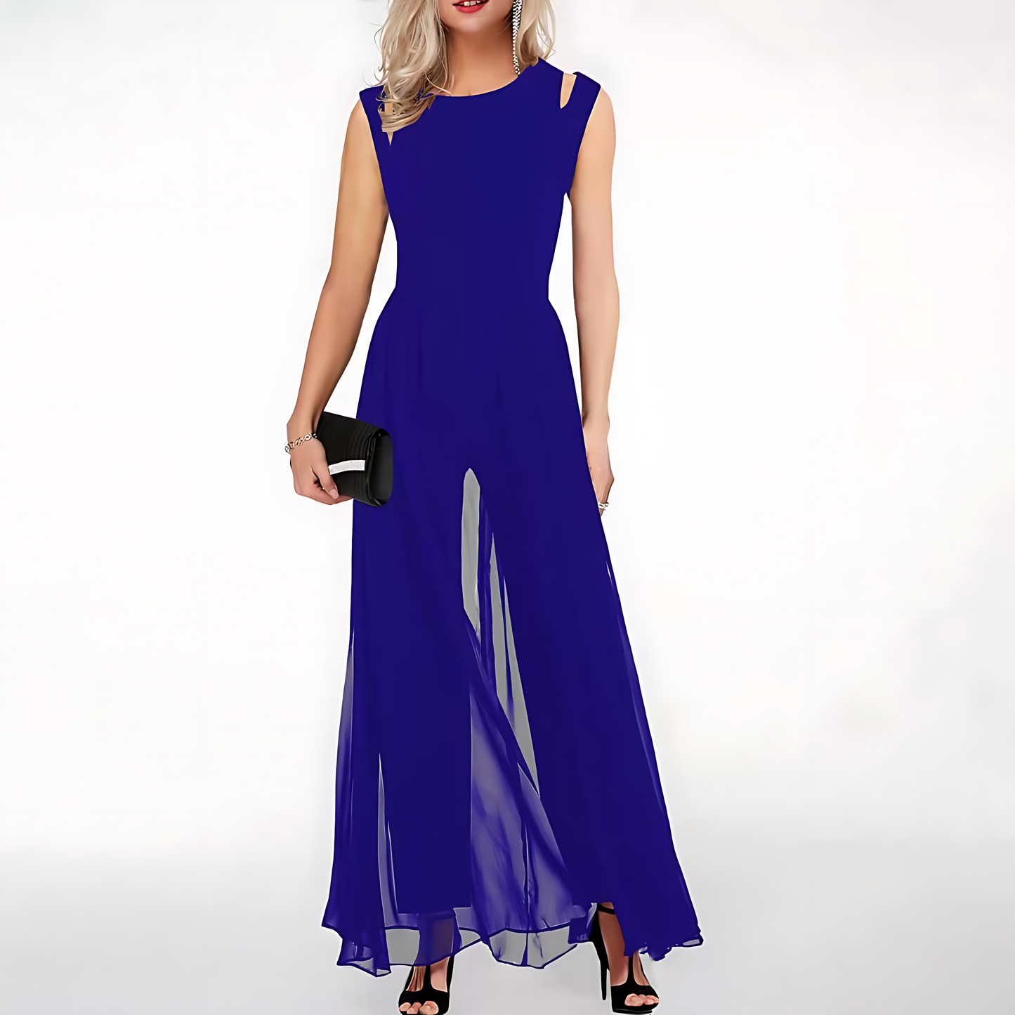Women's Evening Gown - Sleeveless Floor-Length Dress - High Neck - Elegant Slit Skirt