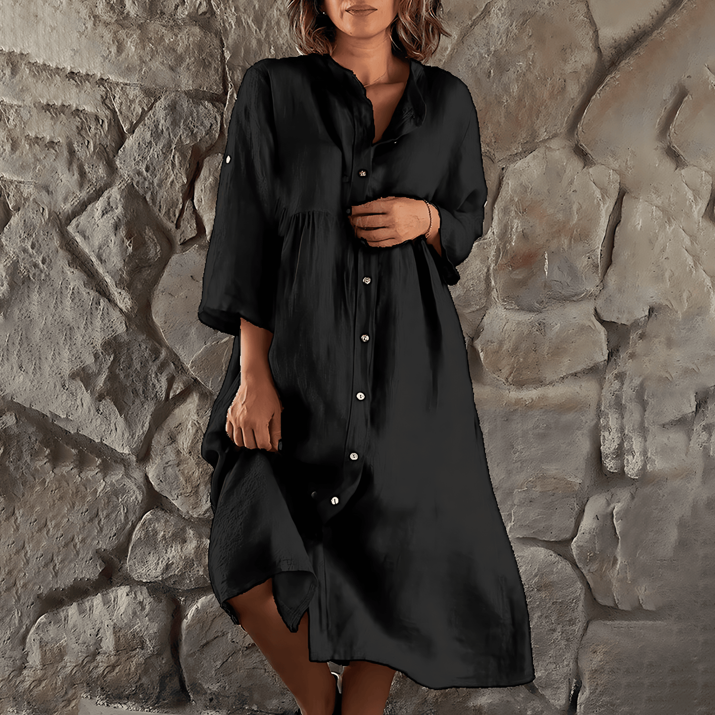 Women's Shirt Dress - Midi Length - Long Sleeve Button-Up - Relaxed Fit