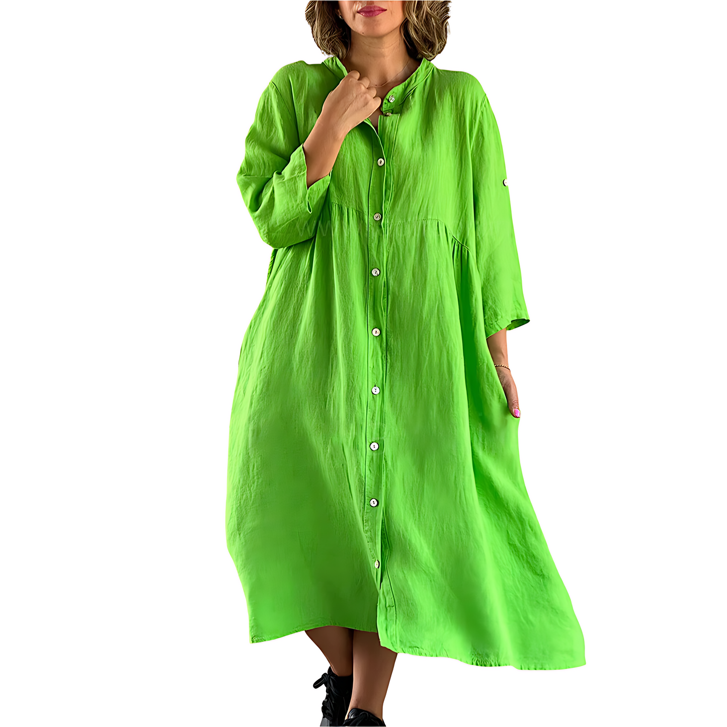 Women's Shirt Dress - Midi Length - Long Sleeve Button-Up - Relaxed Fit