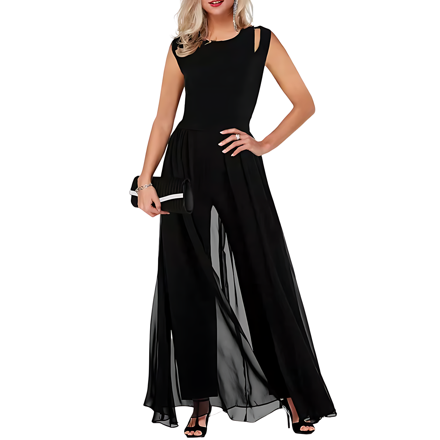 Women's Evening Gown - Sleeveless Floor-Length Dress - High Neck - Elegant Slit Skirt