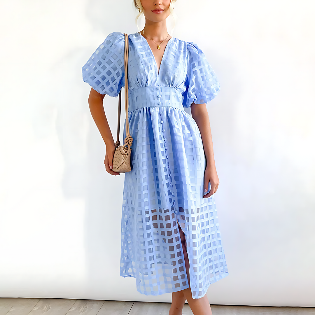 Women's Midi Dress - Sheer Grid Pattern - Puff Sleeve - Deep V-Neck - Fitted Waist