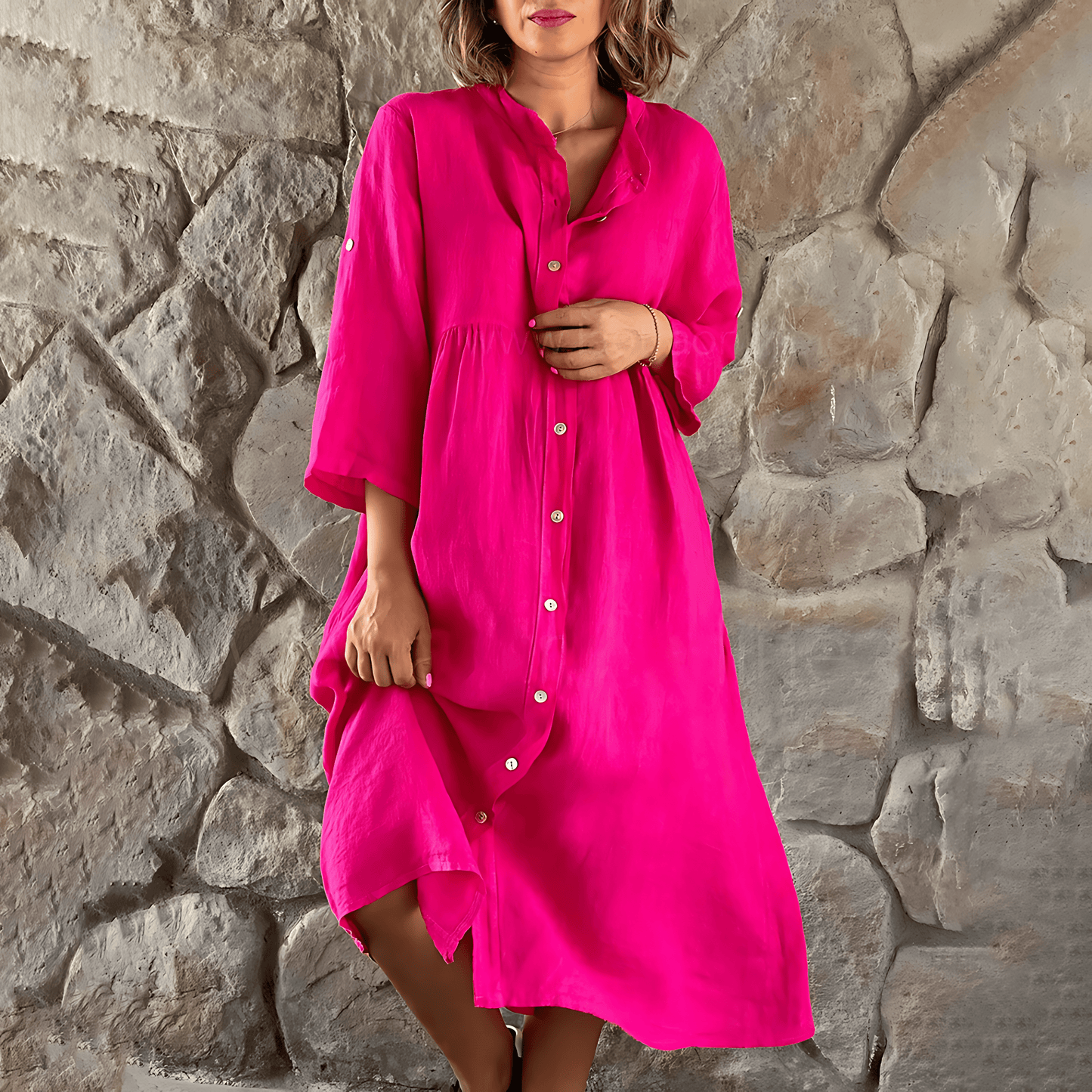 Women's Shirt Dress - Midi Length - Long Sleeve Button-Up - Relaxed Fit