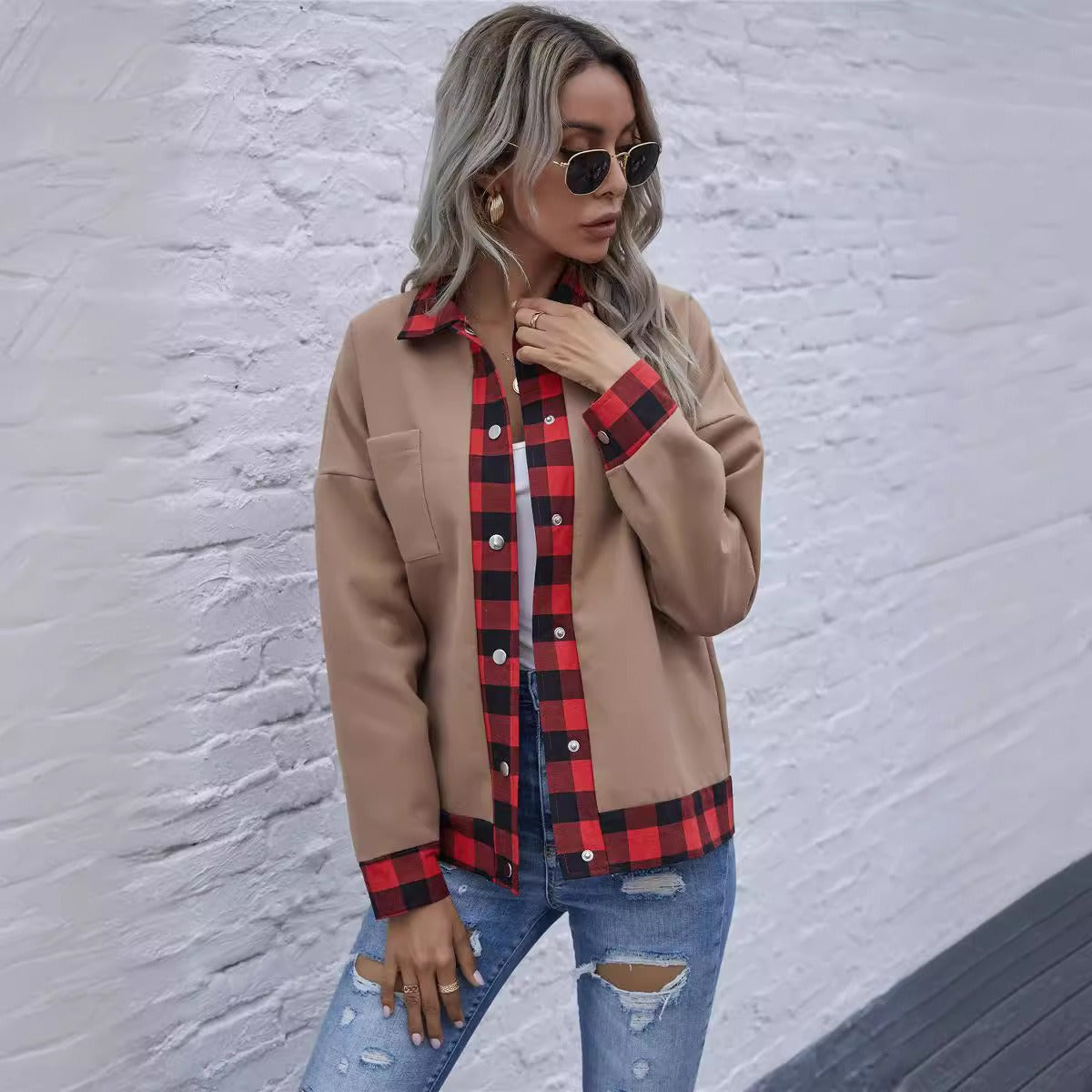 Women’s Jacket – Relaxed Fit – Patchwork Detail – Button-Up – Hip Length – Cotton Blend
