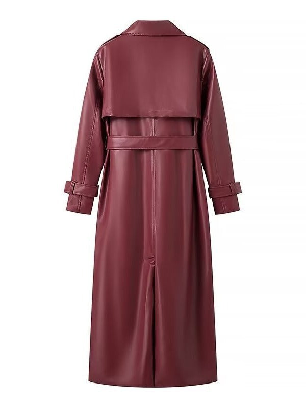 Women’s Trench Coat - Faux Leather - Maxi Length - Notched Lapel