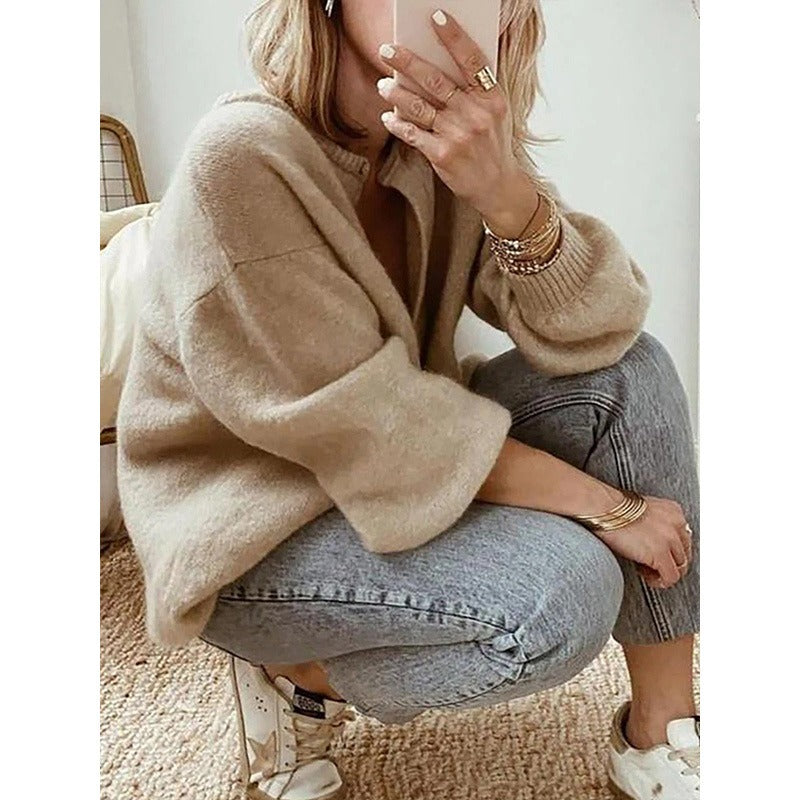 Women’s Cardigan – Oversized Relaxed Fit – Plush Knit – Balloon Sleeve – Button Front
