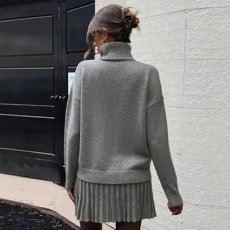 Women’s Two-Piece Knit Set – Turtleneck Sweater and Pleated Mini Skirt – Ribbed Relaxed Fit