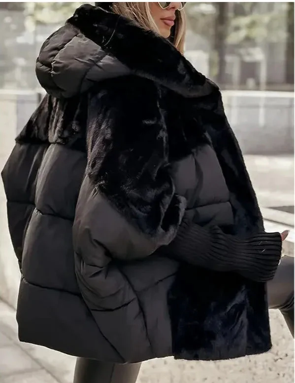 Women’s Coat – Quilted Padded Hybrid – Faux Fur Hood – Ribbed Cuffs – Loose Fit