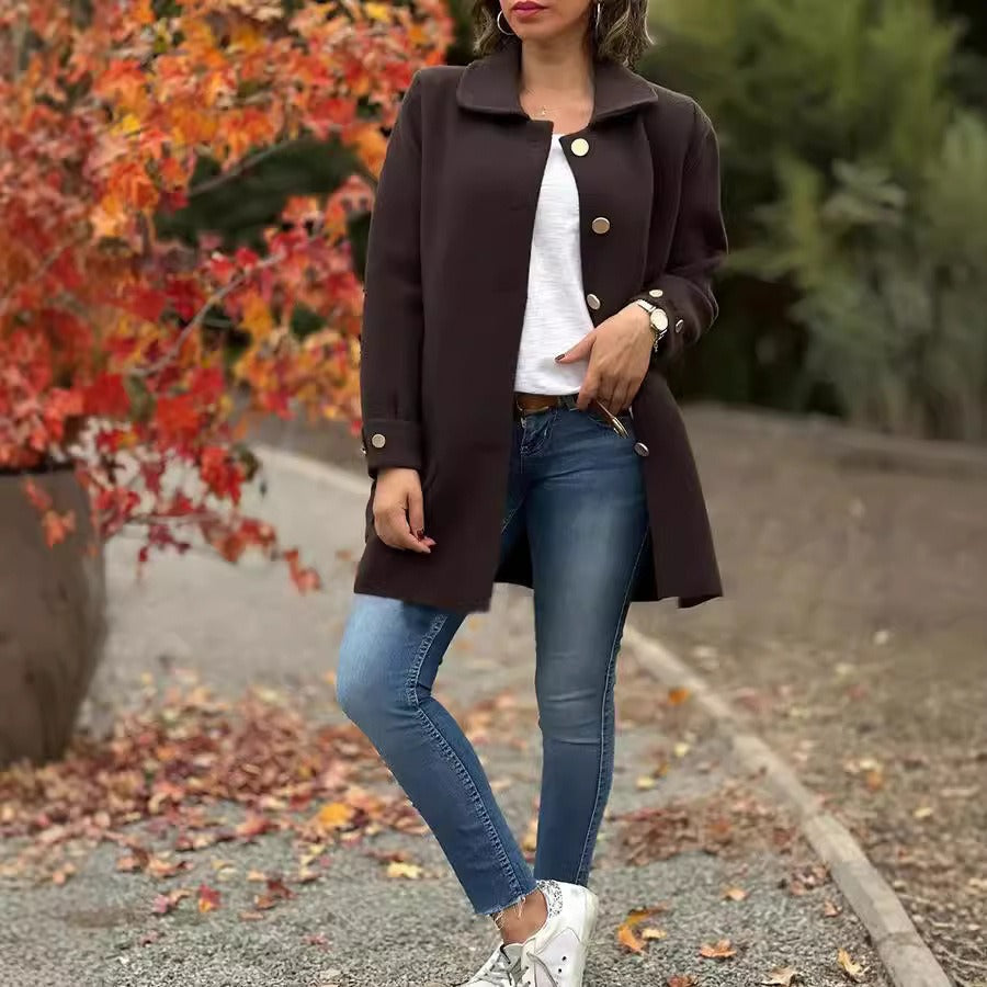 Women’s Long Coat – Relaxed Fit – Wool Feel – Single-Breasted – Mid-Thigh Length
