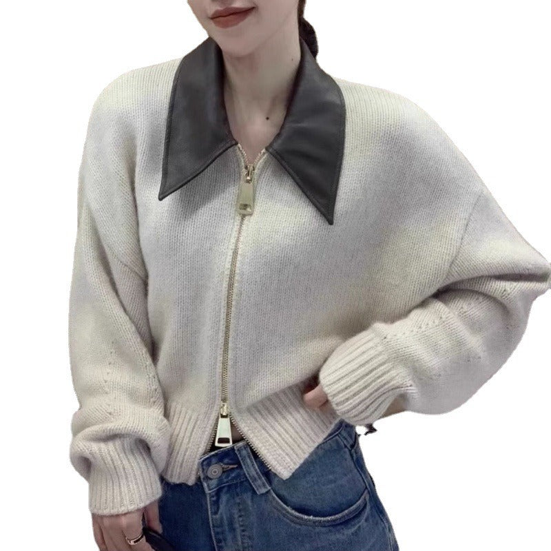 Women’s Cardigan Jacket - Knit - Cropped Length - Spread Collar - Ribbed Cuffs