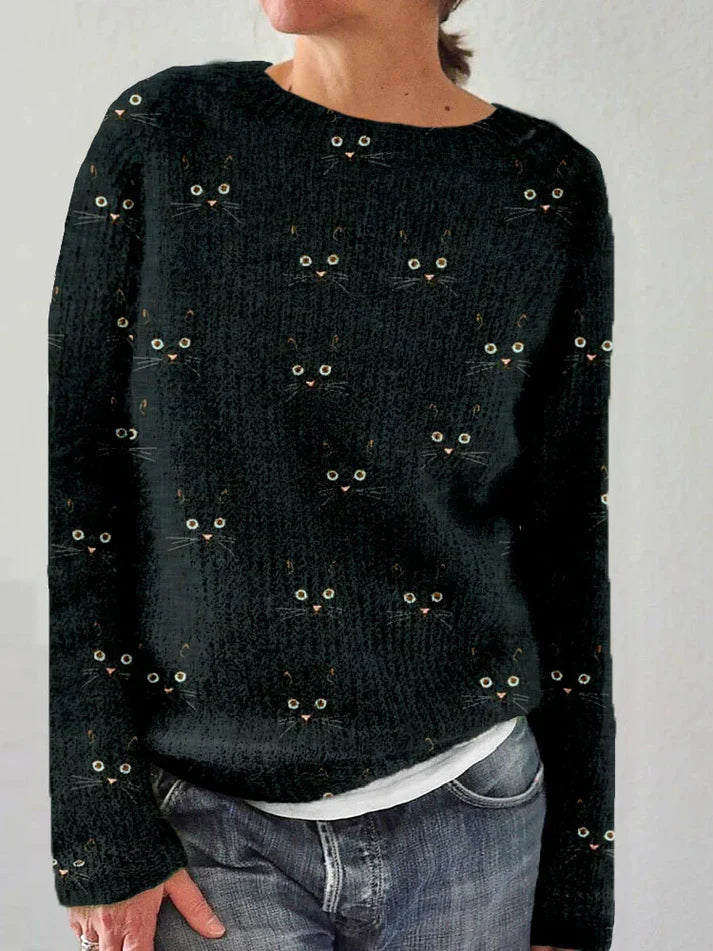 Women's cozy round neck top with cute cat face print