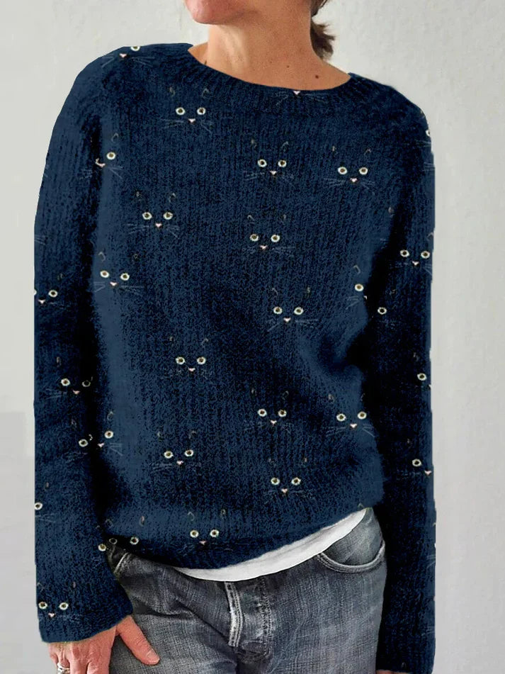 Women's cozy round neck top with cute cat face print