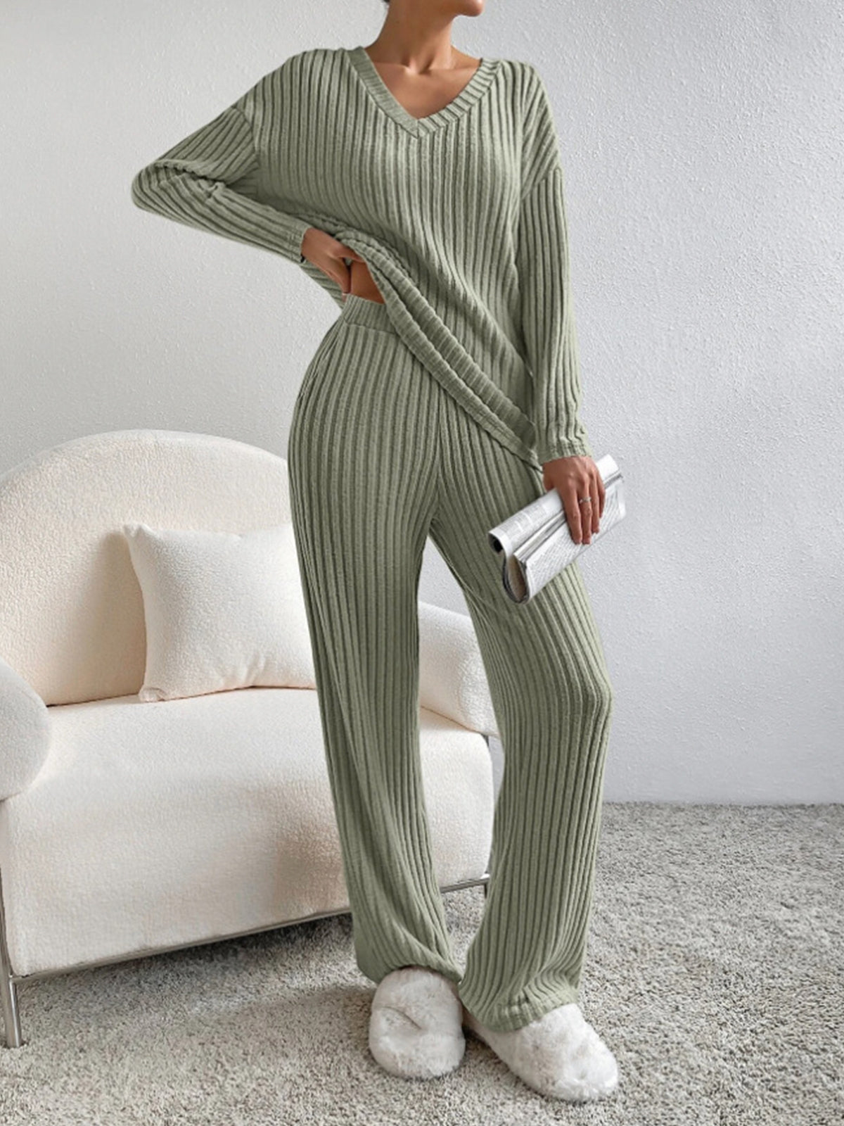 Women's comfortable rib v neck 2 piece set
