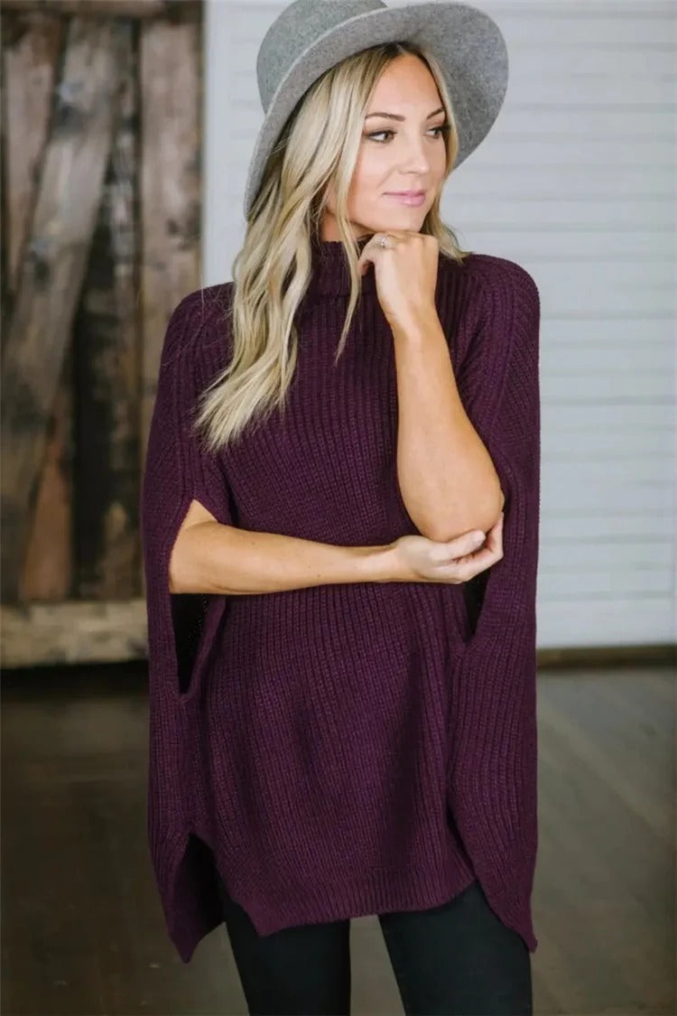 Women’s Knit Poncho – Oversized Fit – Wool Blend – High Turtleneck – Wide Sleeves