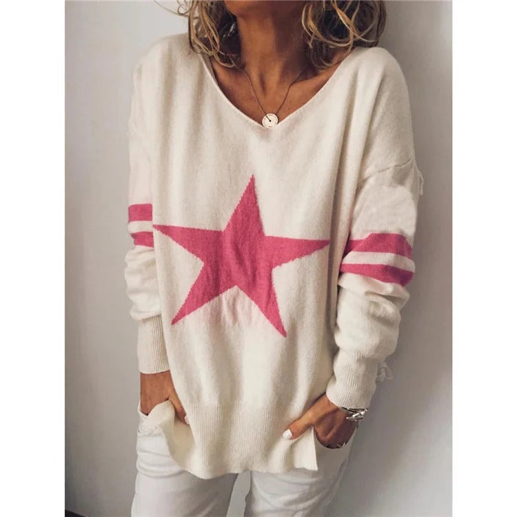 Women’s Sweater – Relaxed Fit – Soft Knit – Crew Neck – Star and Stripe Design – Long Sleeve