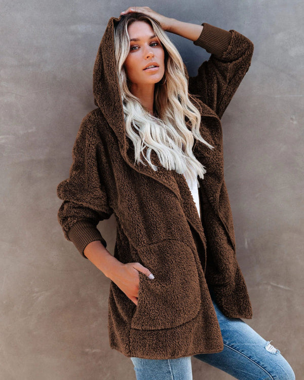 Women’s Hooded Cardigan – Sherpa Fleece – Oversized Fit – Open Front with Pockets