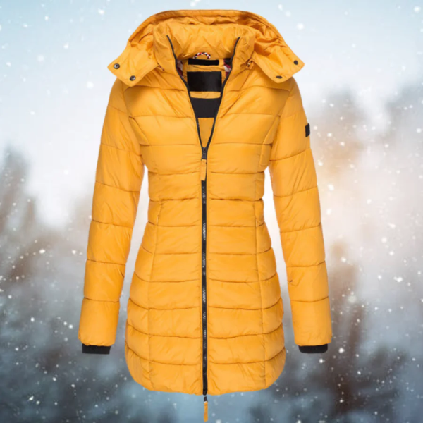 Women’s Long Puffer Jacket – Fitted Quilted Design – Water-Resistant – Detachable Hood