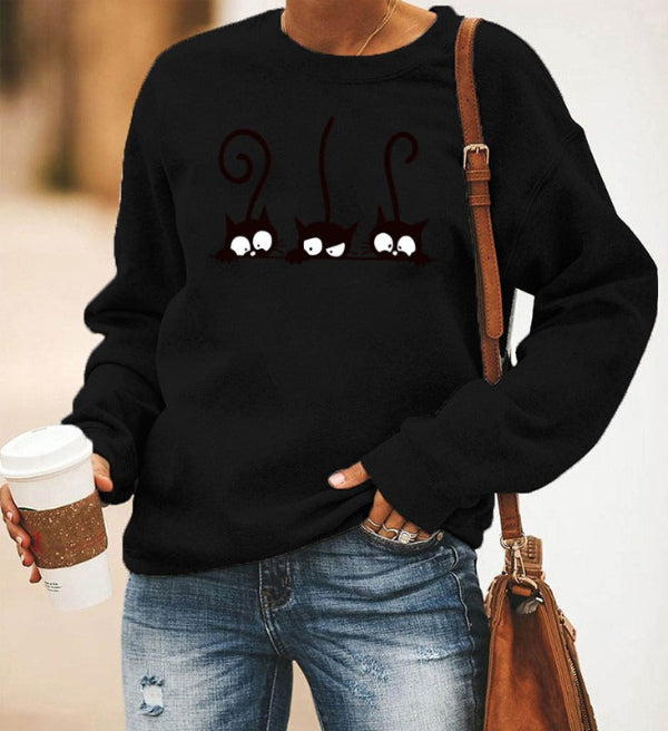 Women’s Sweatshirt – Oversized Fit – Cotton Blend – Crewneck – Cat Graphic Print
