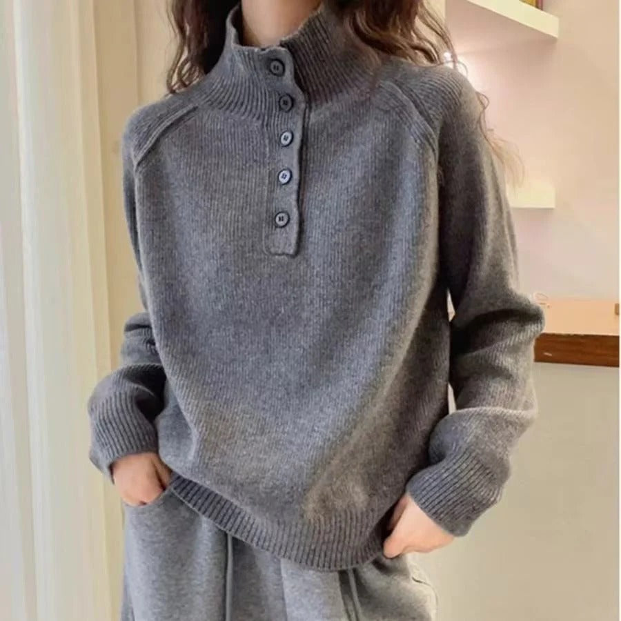 Women’s Knitted Pullover – Wool Blend – Relaxed Fit – Stand Collar – Button Front