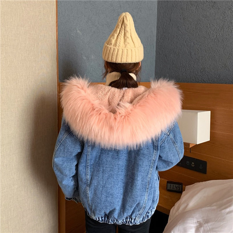 Women’s Denim Jacket – Oversized Fit – Faux Fur Collar – Fleece Lined – Button Front