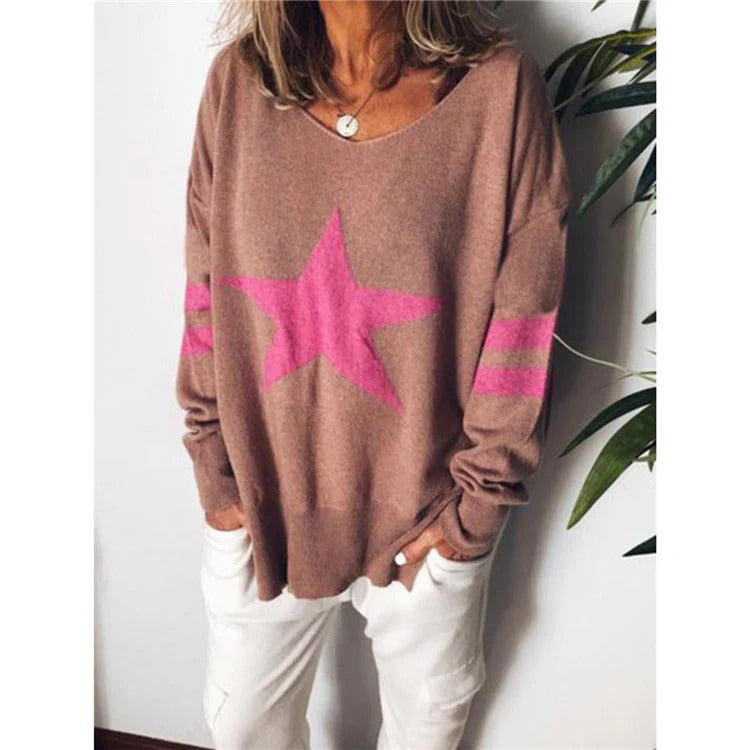 Women’s Sweater – Relaxed Fit – Soft Knit – Crew Neck – Star and Stripe Design – Long Sleeve