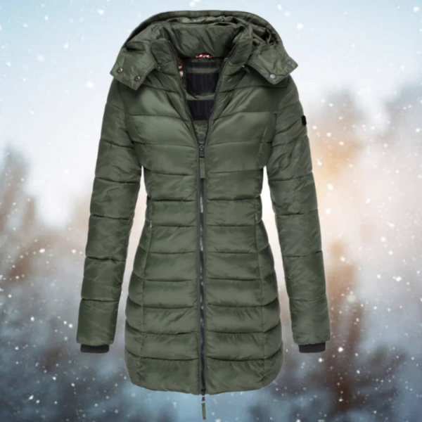 Women’s Long Puffer Jacket – Fitted Quilted Design – Water-Resistant – Detachable Hood