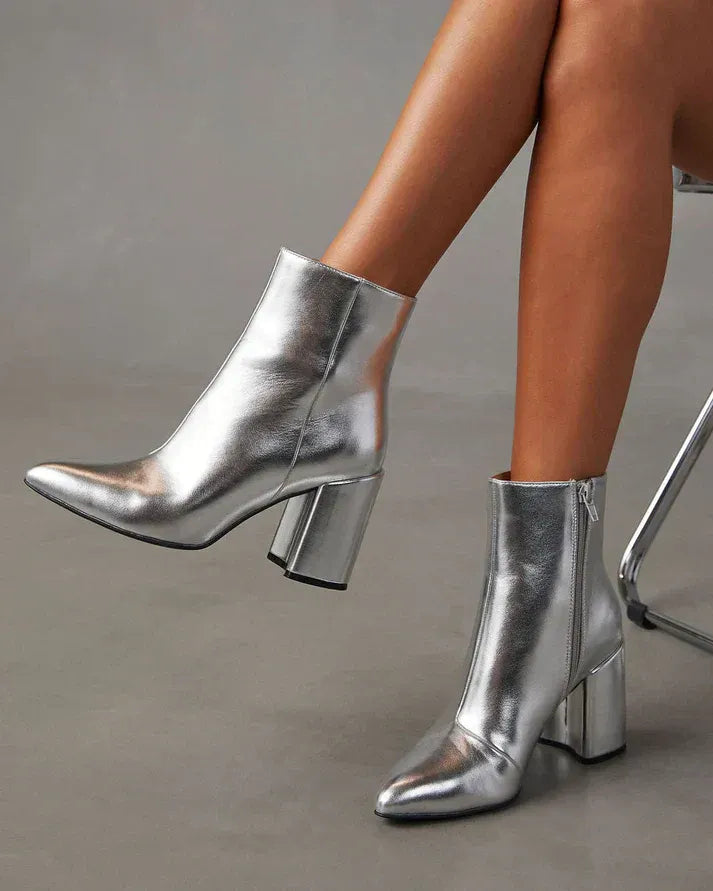 Women’s Ankle Boots – Faux Leather – Pointed Toe – Flared Block Heel – Side Zipper