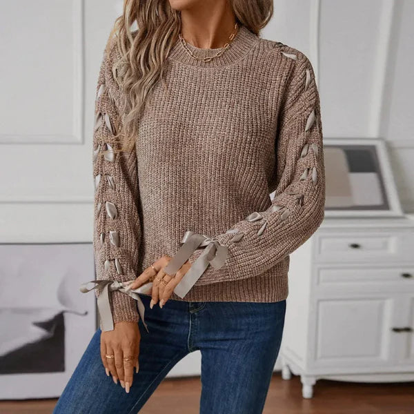 Women’s Pullover Sweater – Relaxed Fit – Soft Knit – Lace-Up Sleeve Detail – Textured Fabric