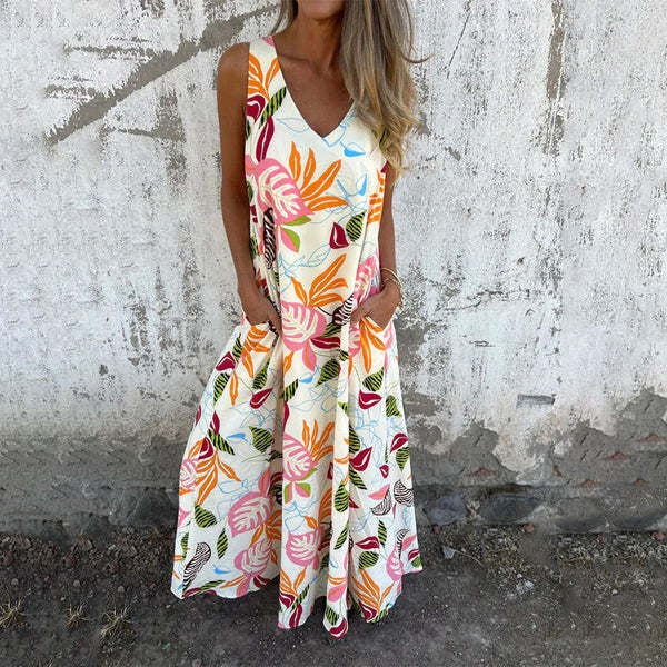 Women’s Maxi Dress – Relaxed Fit – Sleeveless V-Neck – Leaf Print – Cotton Fabric