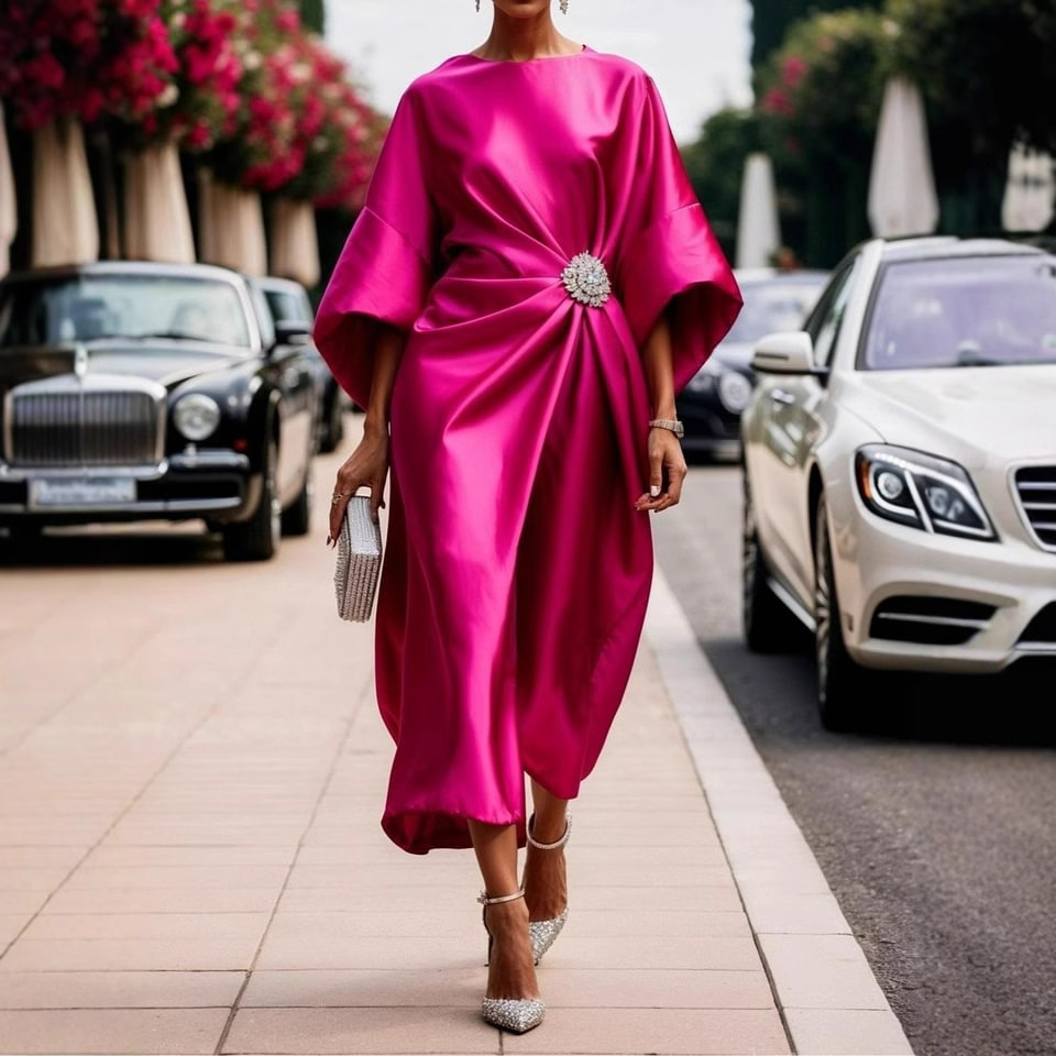 Women’s Midi Dress – Relaxed Fit – Silk Feel – Draped Waist – Brooch Accent – Formal Wear