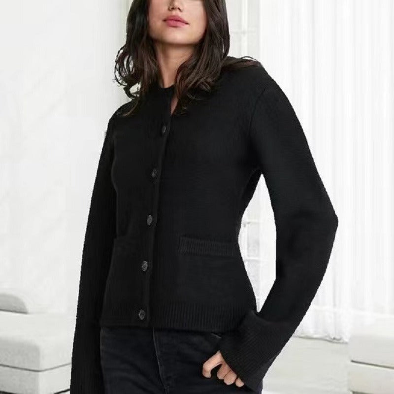 Women’s Knit Cardigan – Slim Fit – Round Neck – Button Front – Ribbed Trim – Patch Pocket